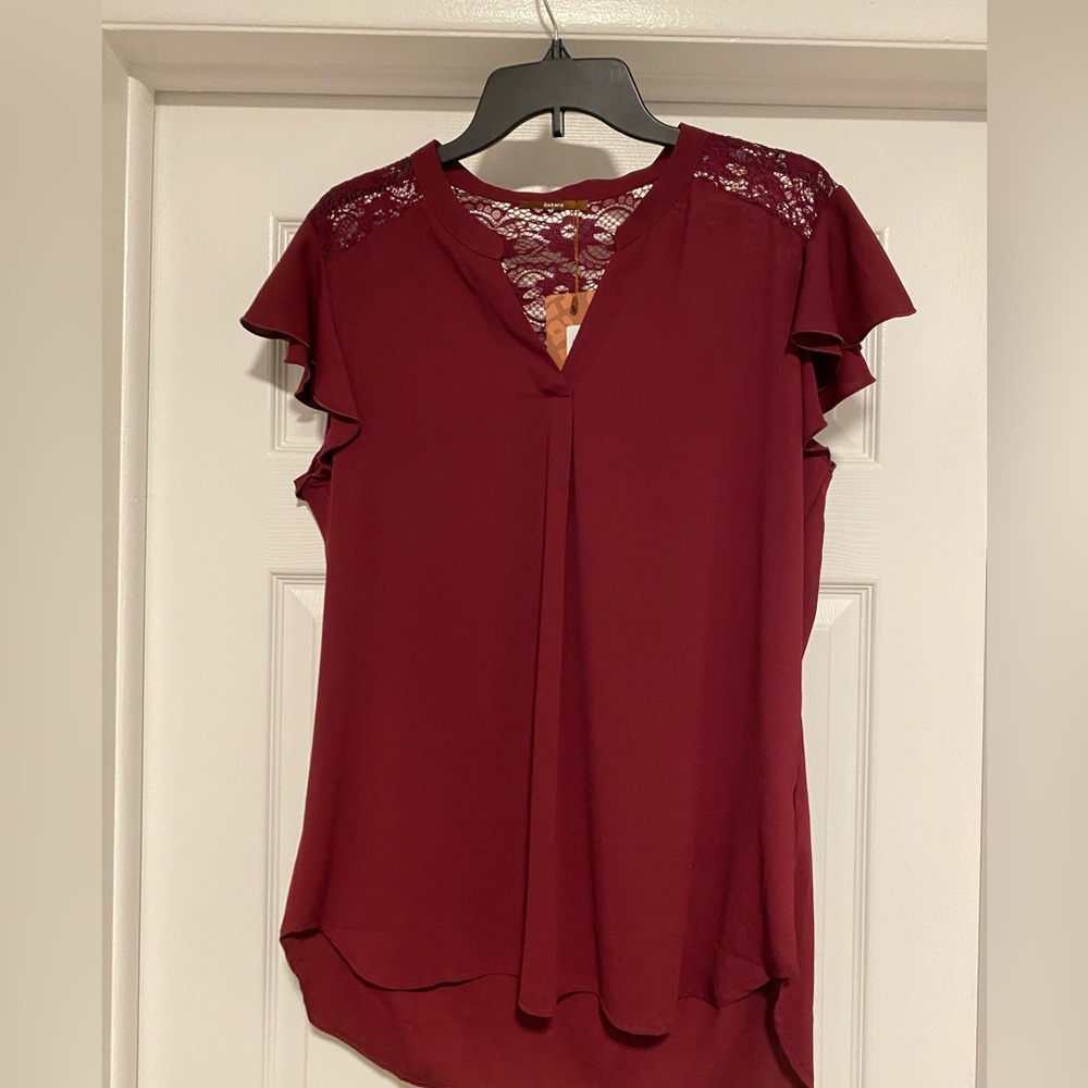 Women’s Burgandy Lace Flutter Sleeve Blouse